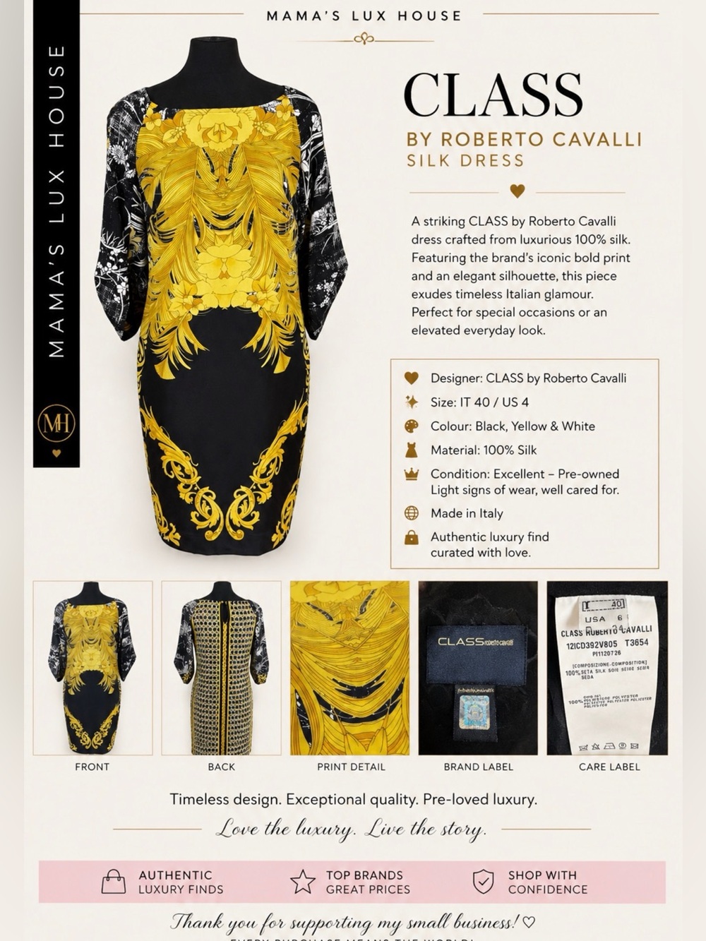 Roberto Cavalli Black, Yellow & White Silk Midi Dress